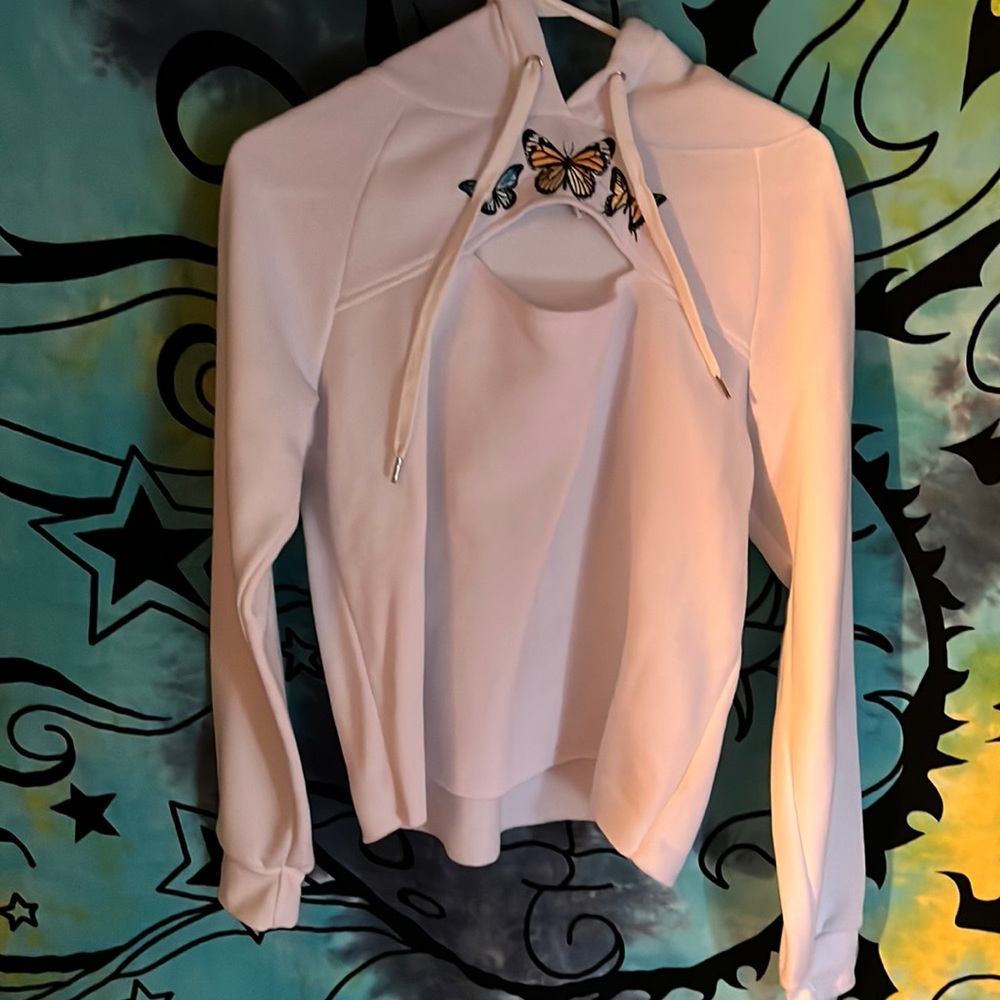 white hoodie with butterflies. XL